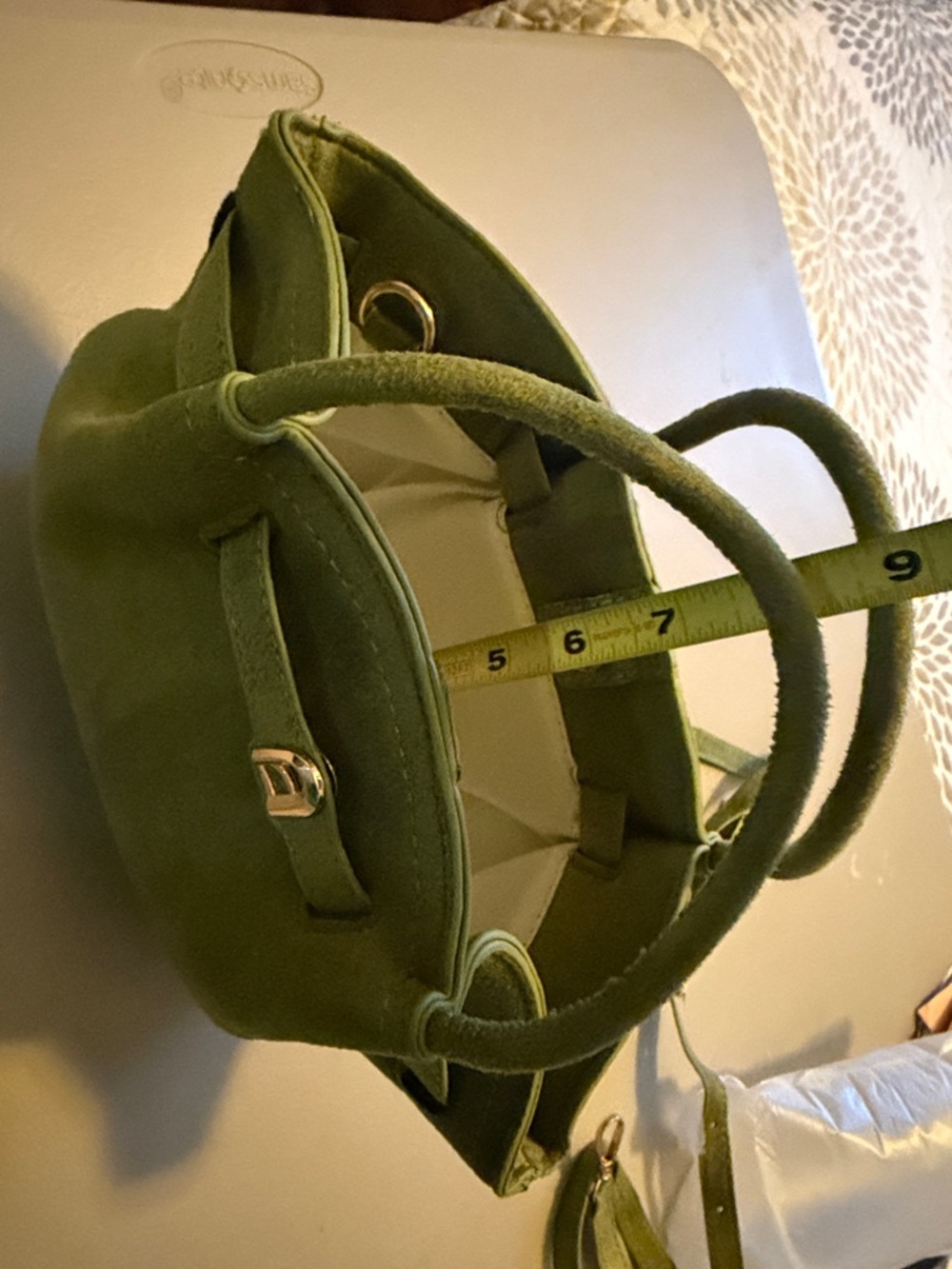 New Olive Green Mini Faux Suede Top-Handle Bucket Bag W/ strap - Picture 9 of 9